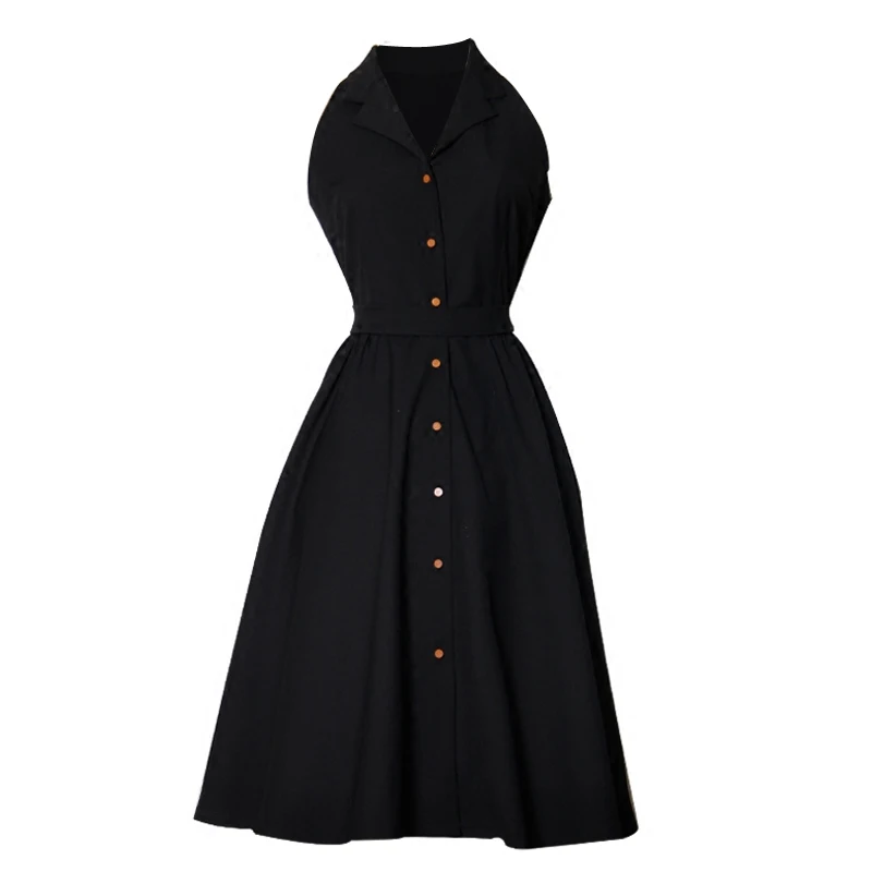 

New Audrey Hepburn Little Black Dress Four Seasons Wear Vintage V-neck Shirt Dress High Waist Single Breasted big Swing Dress