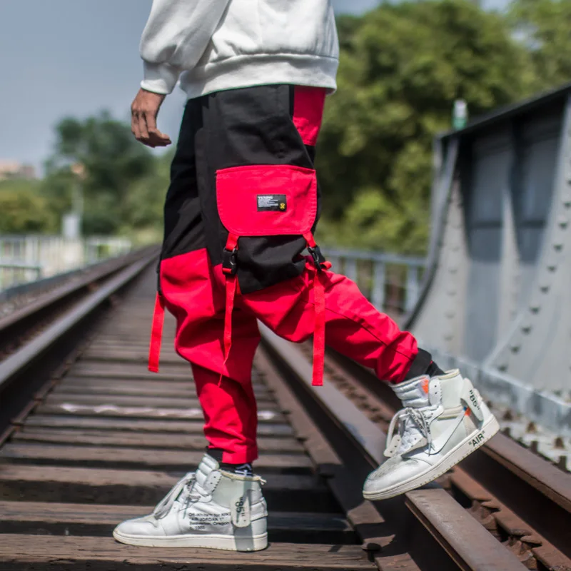 

Men Hip Hop 2021 Pants Mens Spring Autumn Harem Pant Streetwear Harajuku Jogger Sweatpants Male Ribbons Cargo Pants Side Pockets