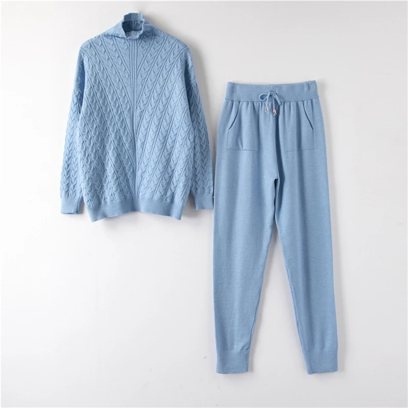 H01-Sky Blue Водолазка, пуловер, свитера, трикотажные штаны, костюм из двух частей, комплекты для женщин на осень и зиму, теплый вязаный спортивный костюм, женский спортивный костюм - Цвет: H01-Sky Blue