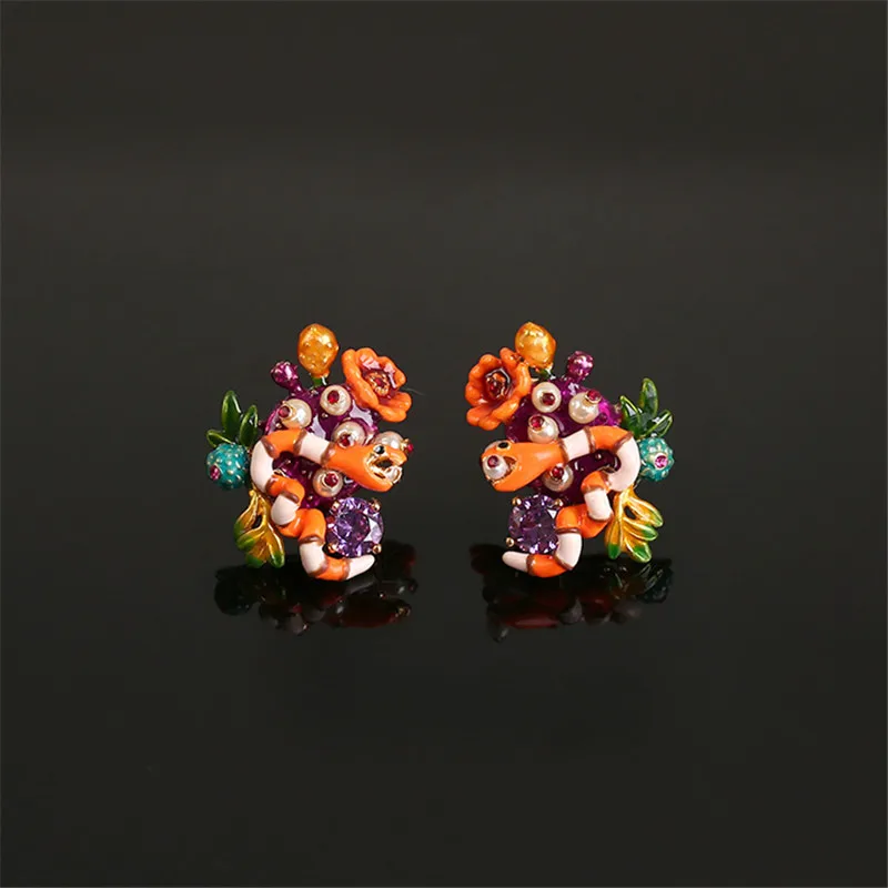 

Desert Twilight Series Earrings Enamel Colored Glaze Snake Winding Branch Flower Purple Cactus Silver Needle Earrings Jewelry