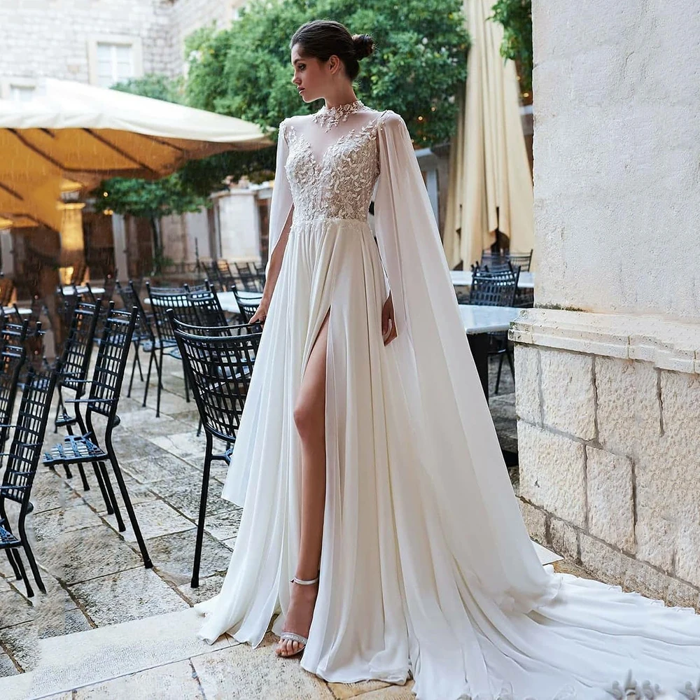 

UZN Ivory A-Line Chiffon Modern Wedding Dresses Appliques Lace O Neck Bride Gowns Plus Size Wedding Gown with Long Sleeves