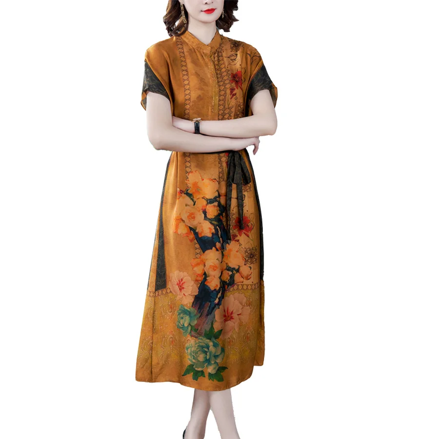 

2021 Spring Summer Floral Mulberry Silk Midi Dress 4XL Plus Size Vintage Print Runway Dress Classy Women Bodycon Party Vestidos
