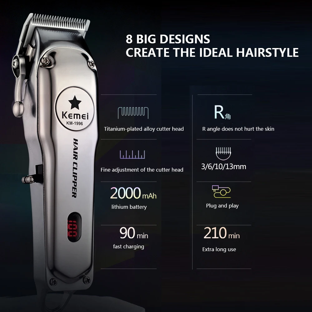 

Kemei Km-1996LED Full Metal Professional Electric Hair Clipper Beard Razor Trimmer Household Flying Shear Gift