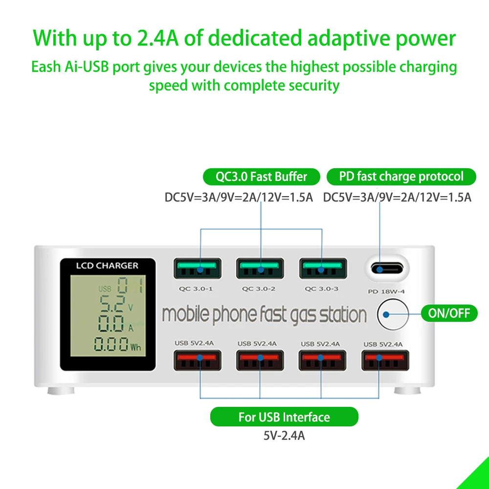 USB-адаптер для быстрой зарядки 3 0 100 Вт 8 портов ЖК-дисплей | Электроника