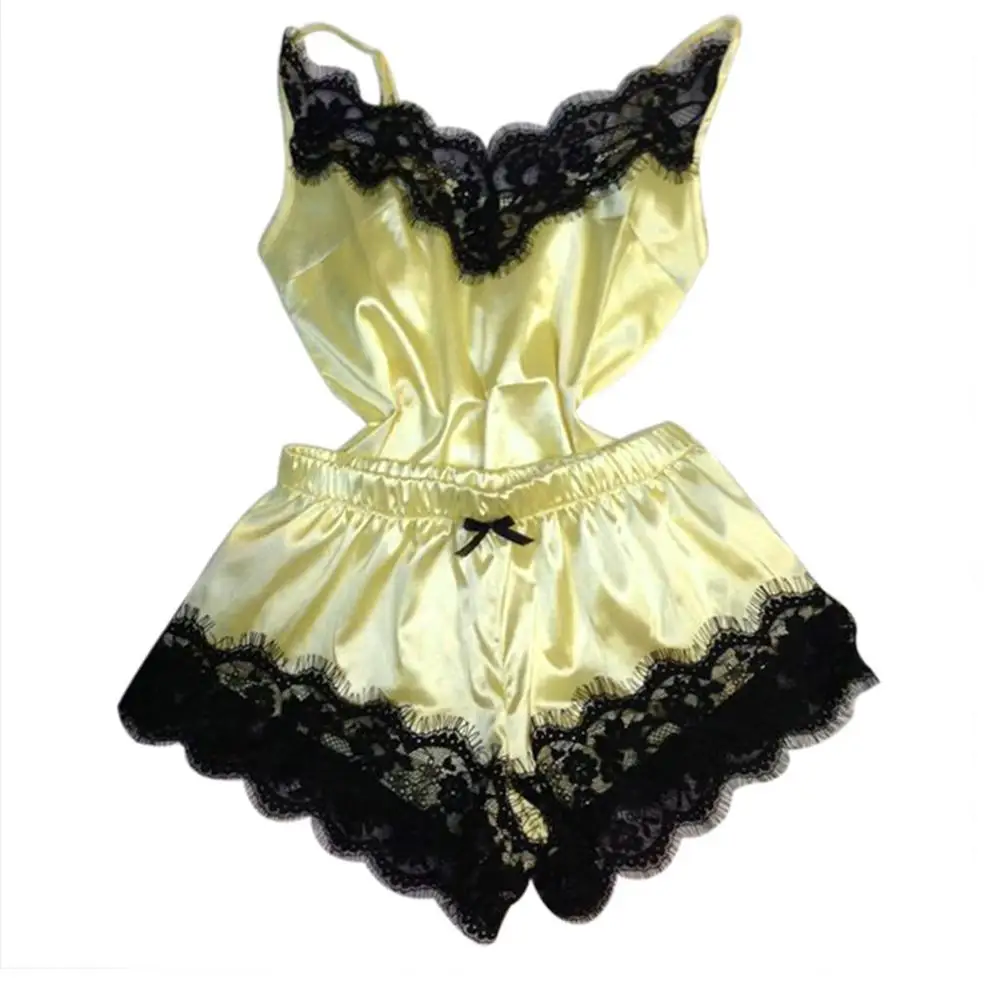 Женский сексуальный пижамный комплект из искусственного шелка с глубоким v