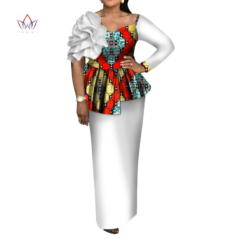 Africa Style Women African Clothing FlowersTop And Skirt Set Bazin Riche New Africa Dashiki Plus Size African Clothing WY3550