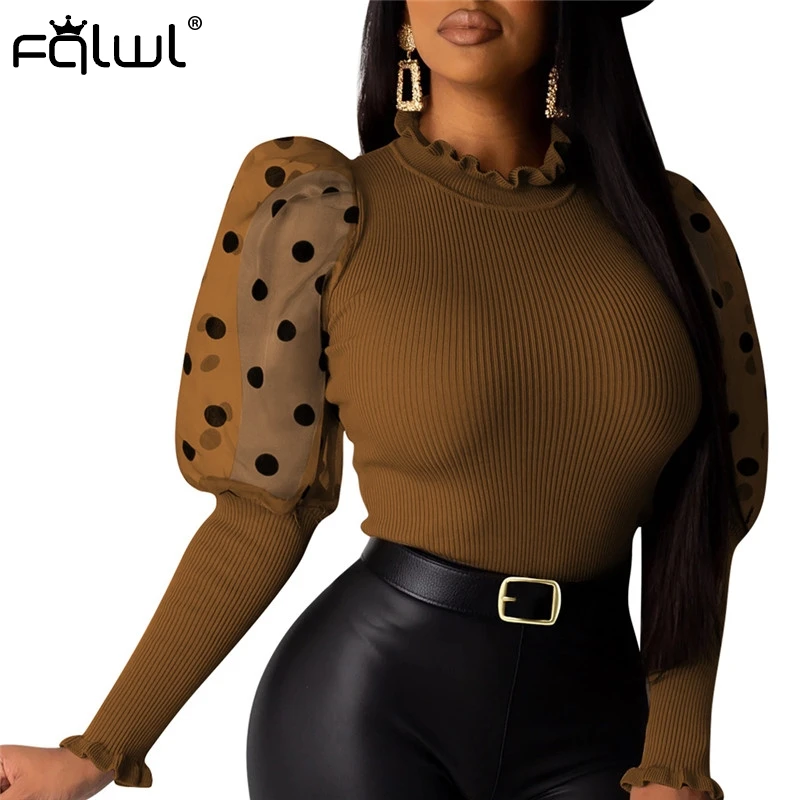 FQLWL оборки в горошек сетчатая трикотажная Сексуальная Блузка женская рубашка