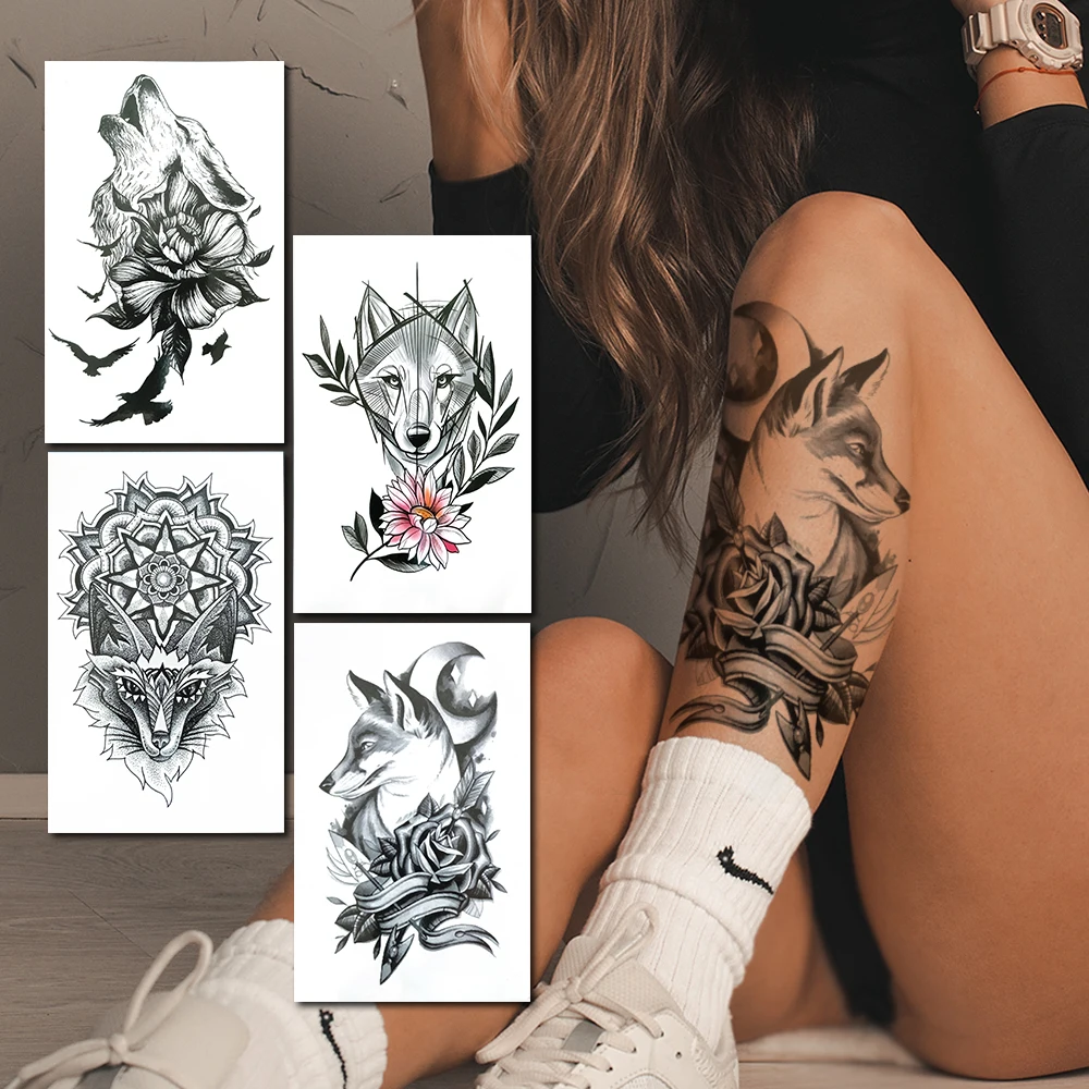 

Realistic Wolf Temporary Tattoos For Women Men Geometric Lions Tattoo Sticker Peony Daisy Sweat Pea Legs Arm Black Tatoos Paper