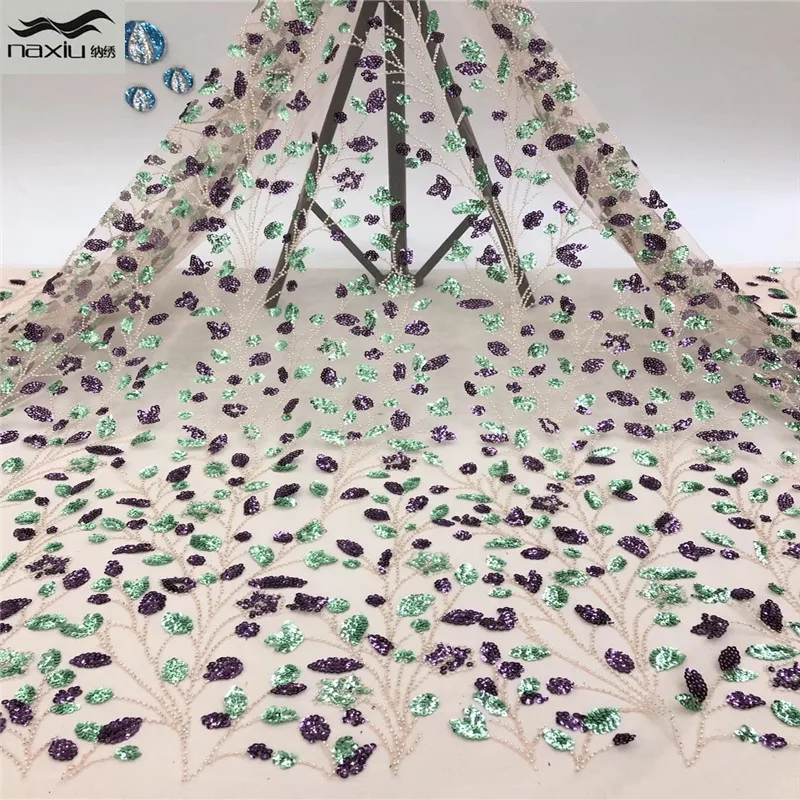 

Madison Tulle Sequin Fabric Lace Beads Emerald Green French African Nigerian Latest Design High Quality Tulle 2020 For Sequence
