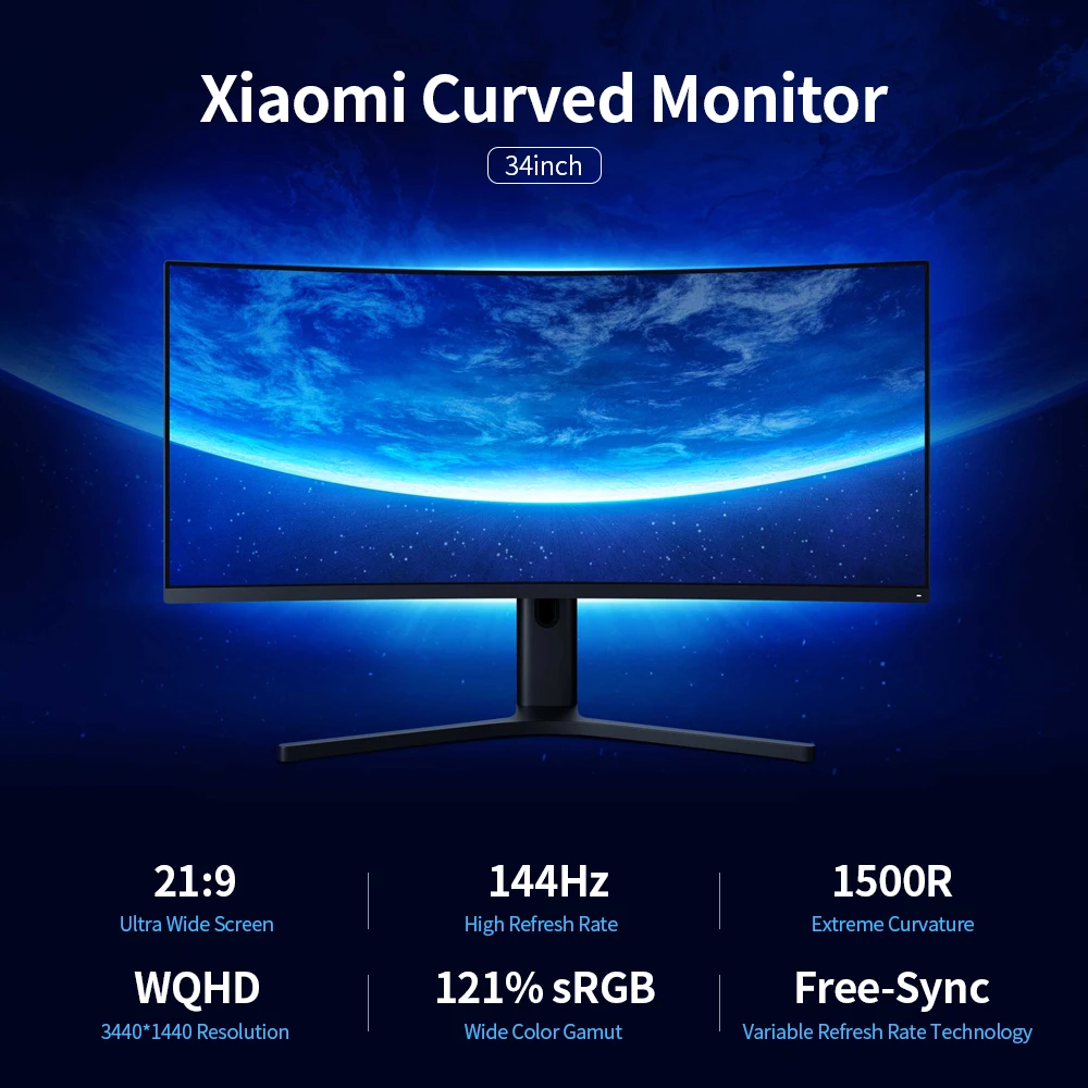Изогнутый игровой монитор Xiaomi 34 дюйма WQHD изогнутый экран 21:9 широкий угол обзора