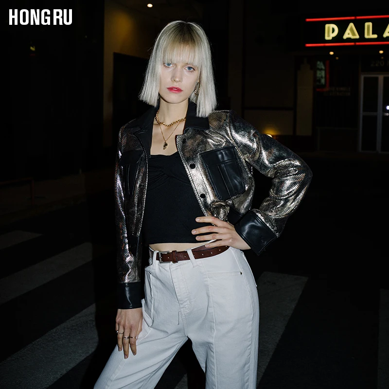 Весенняя кожаная куртка в стиле локомотива женская короткая Серебристая уличная