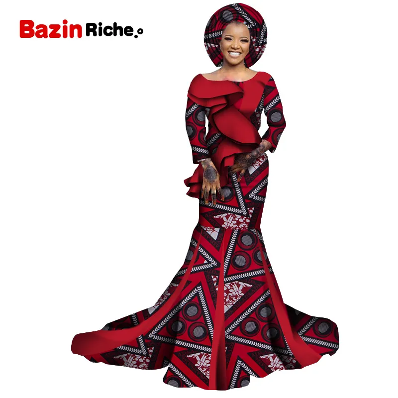 Gifted Headwrap Traditional African Women Clothing Floor-length African Wax Cotton Custom Women Birthday Party Dresses WY7073