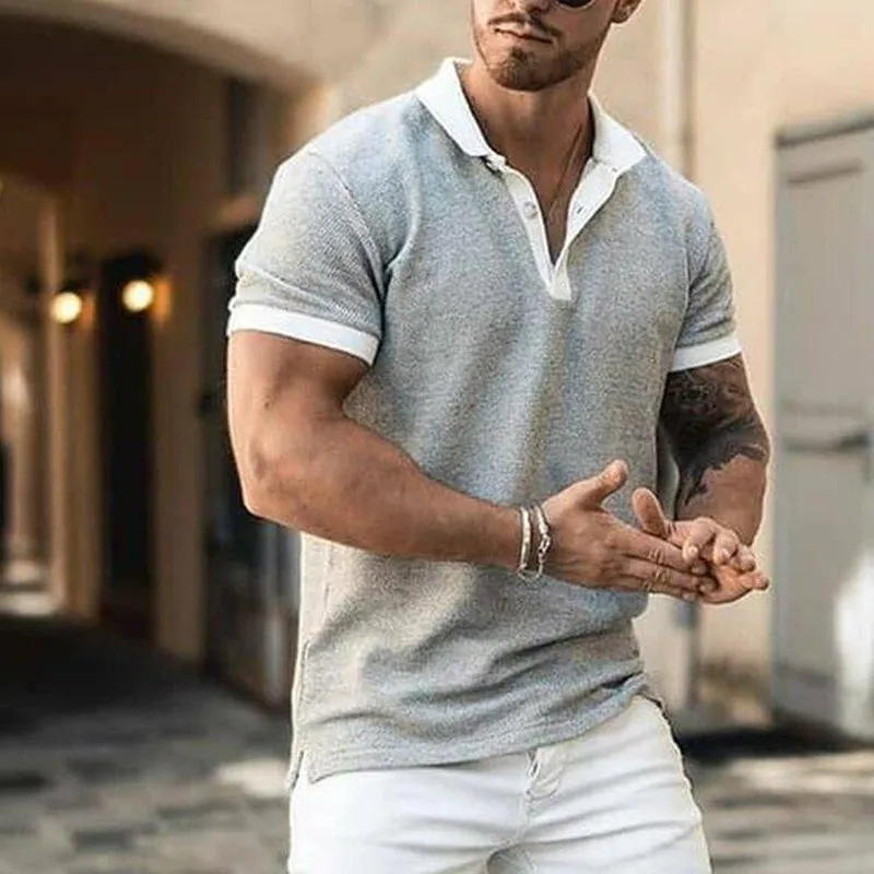 

Summer new men's clothing simple gray stitching POLO shirt business large size loose T-shirt mens polo shirts with short sleeve