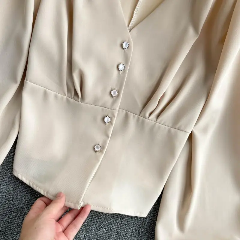 

Women Retro Solid Blouse V Neck Puff Sleeve Button Slim Tops Spring Korean Casual Streetwear Chiffon Short Blouses