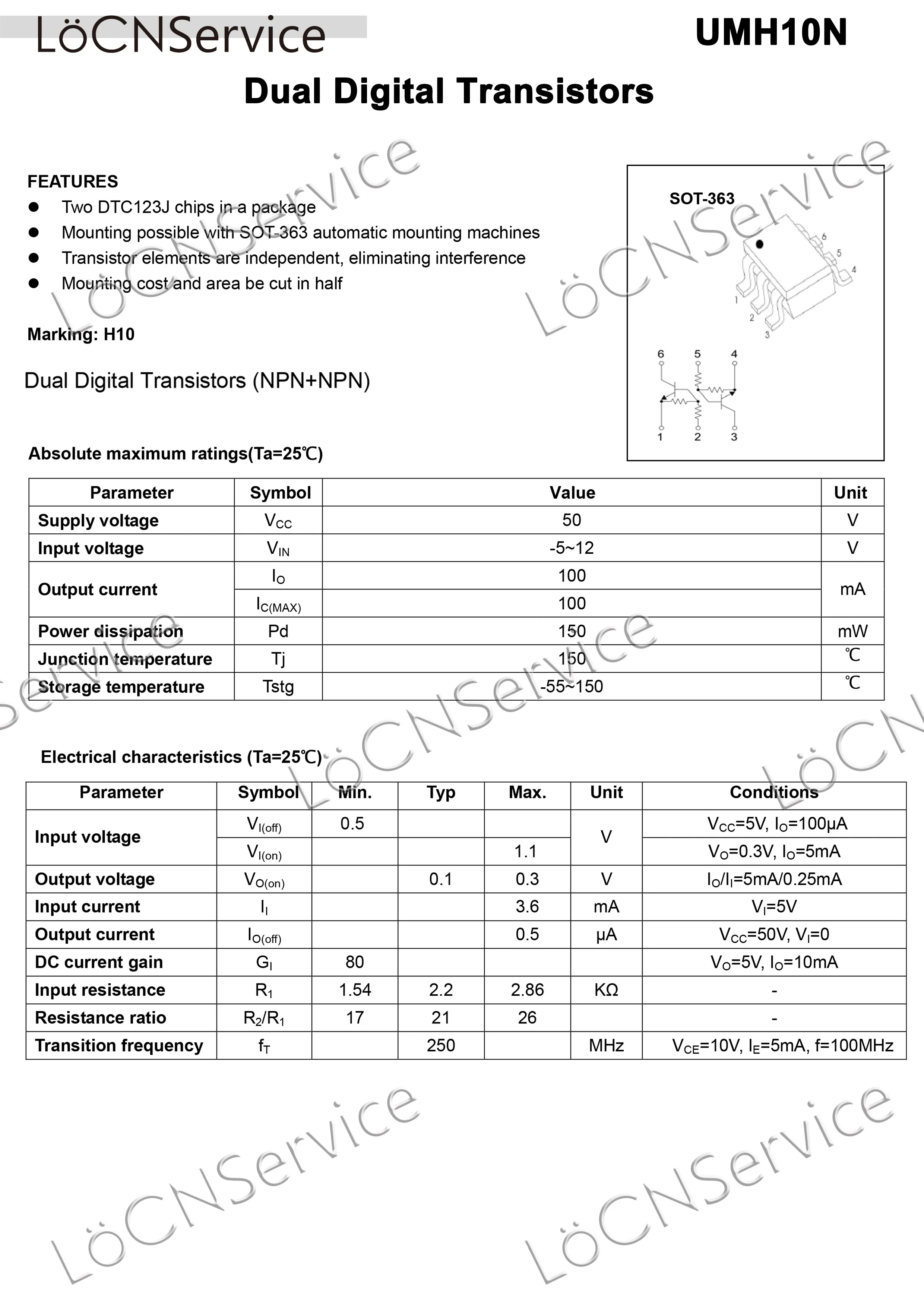 

LoCNService 3000PCS SOT363 UMH10N Dual Digital Transistors (NPN+NPN) High Qualtiy