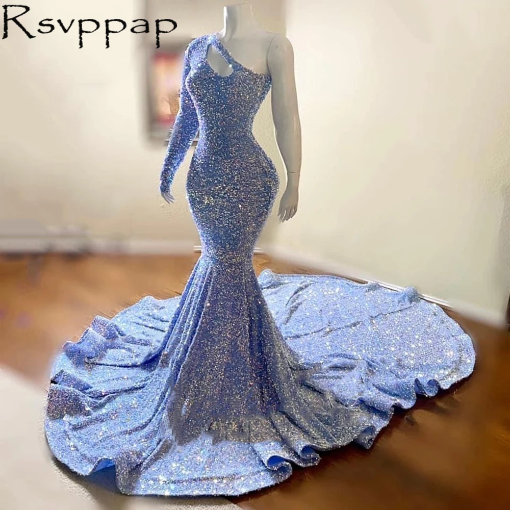 

Блестящее платье-Русалка для выпускного вечера с блестками, модель 2022 года, ассиметричный вырез в африканском стиле с одним рукавом, длинно...