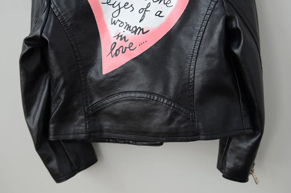 

Baby Jacket 2019 Autumn Kids Leather Jacket Girls PU Love Printed Jacket Leather Outwear For Children Baby Girl Fashion Coats