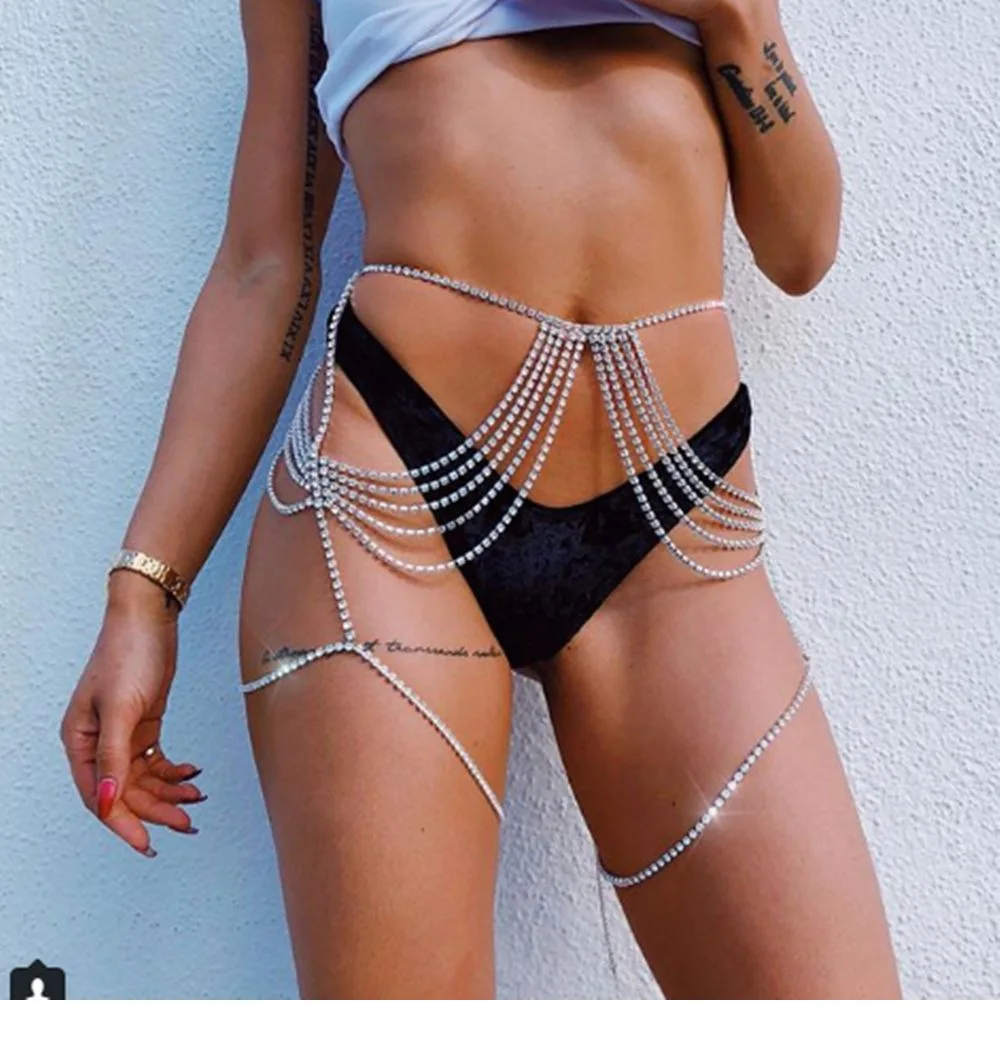 

sexy bikini punk style sling women's waist chain leg chain body chain fashion Rhinestone waist and abdomen chain