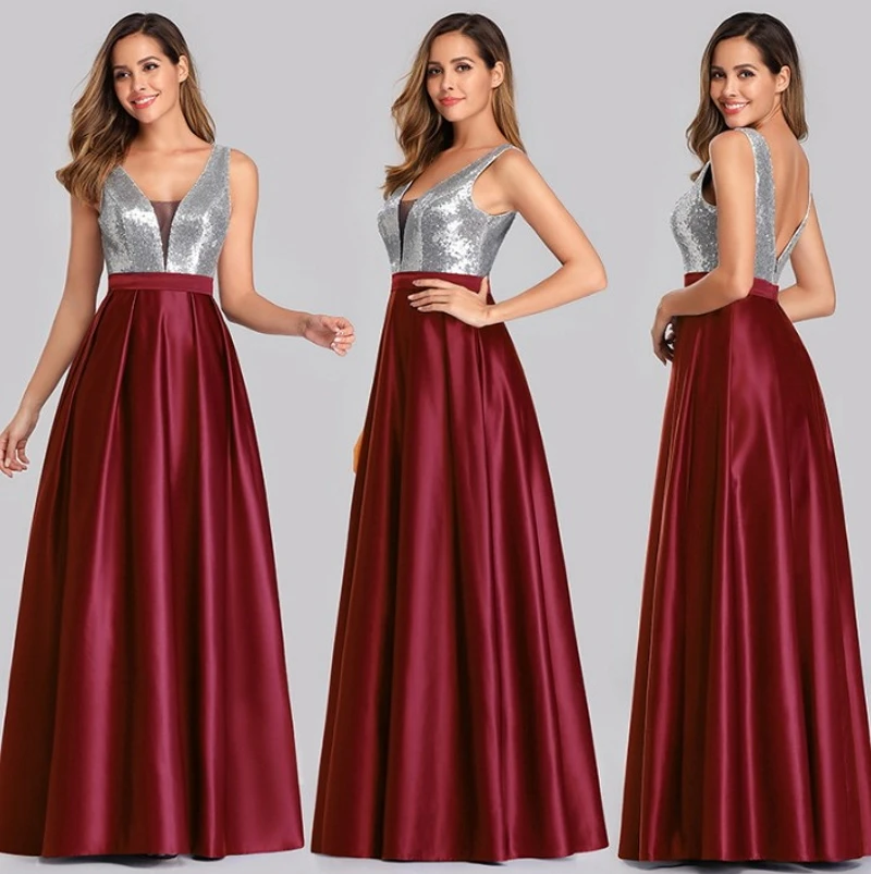 Женское вечернее вечерние в пол без рукавов с V образным вырезом и открытой