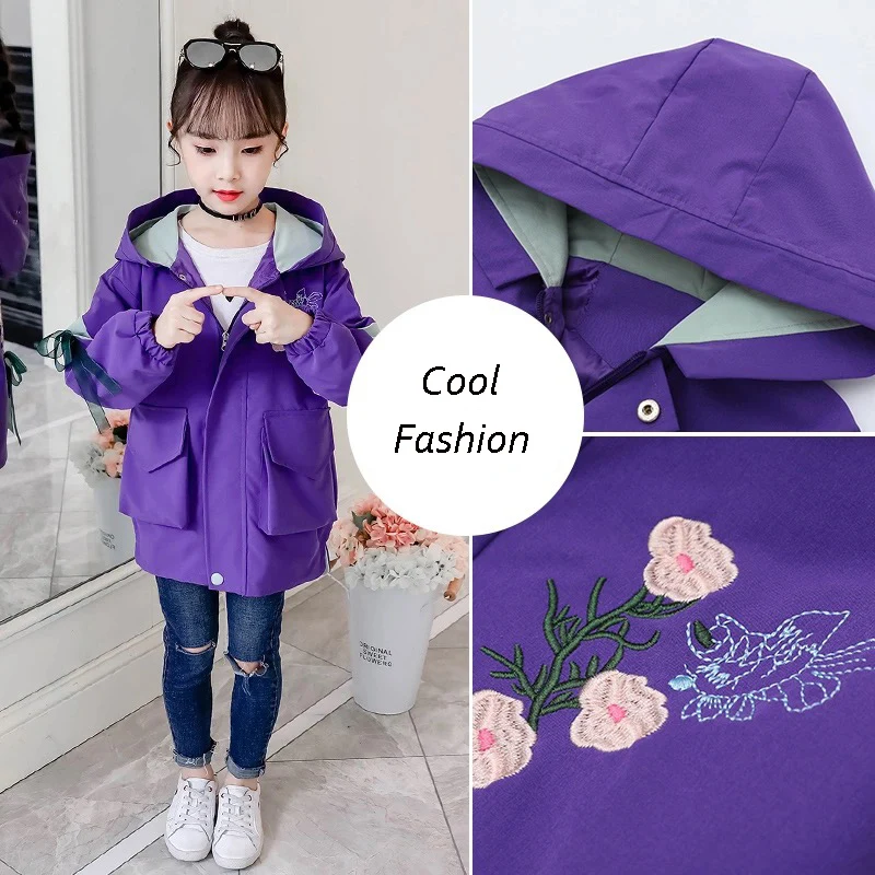 

Baby Girls Trench Coat Spring Autumn Kids Hooded Jacket Children Fashion Embroidery Mid Length Outwear Kids Baby Casual Clothes