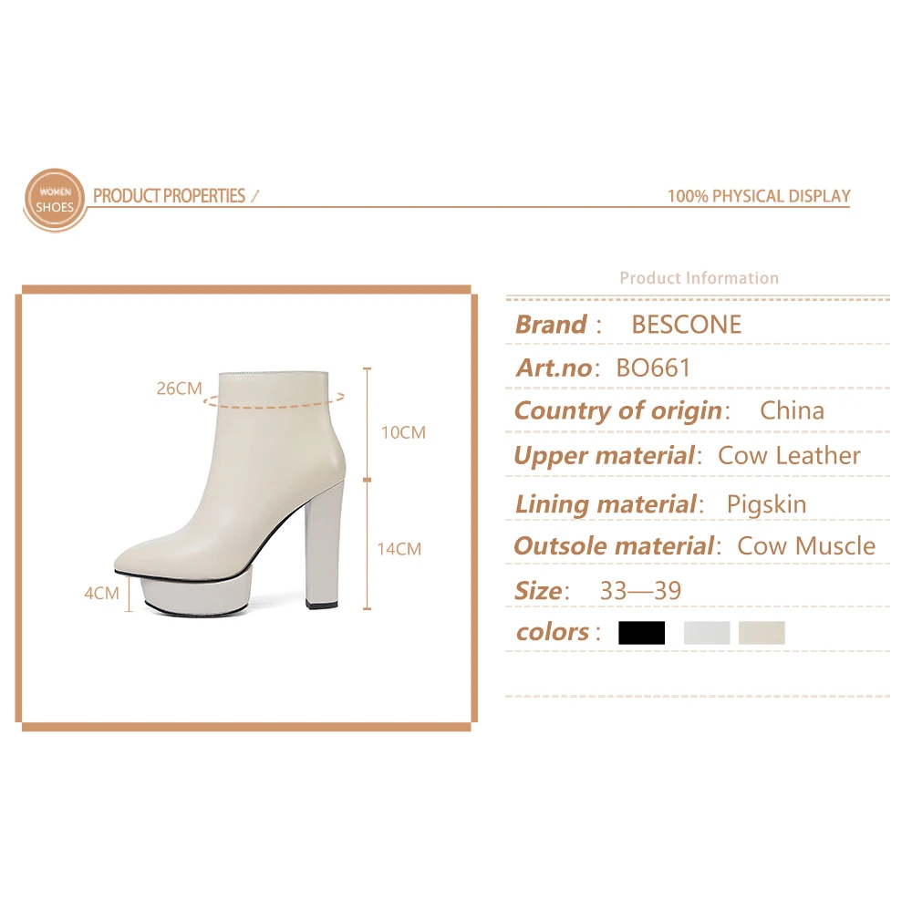 

BESCONE New Sexy Pointed Toe Ankle Boots 14cm Super High Heel Handmade Genuine Leather Boots Zipper Platform Women Shoes BO661