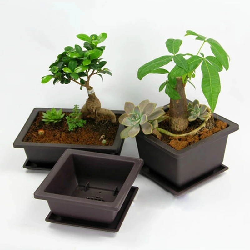 

1pcs antique rectangular plastic flower pot imitation purple sand dark brown succulent small potted small bonsai with tray