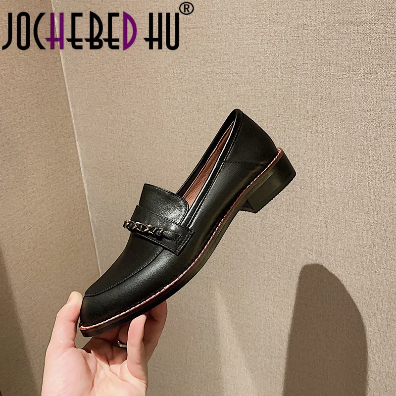 

【JOCHEBED HU】New Egnland Style Fashion Vintage Metal ring buckle Genuine Leather Slip-On Loafers Women Shoes Woman Flat Shoes