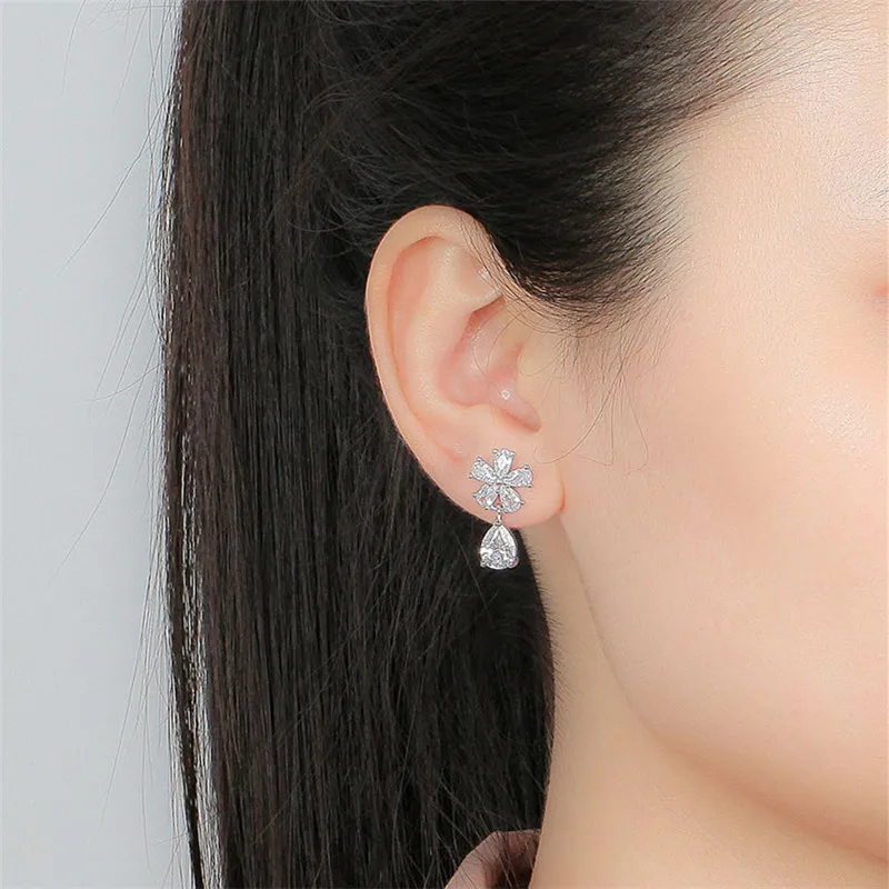 

Top Quality Crystal Flower Drop Earrings Bright Girl Jewelry Trendy 925 Silver Earring For Women Party Accessories Cute Gift