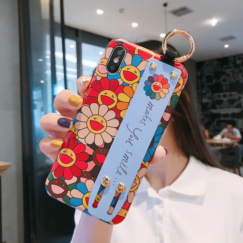 Чехол с подсолнухом для iPhone 11 Pro X XR XS Max 7 8 Plus, чехол с милым ремешком, подставка для телефона, чехол для iPhone 7 8 6S Plus