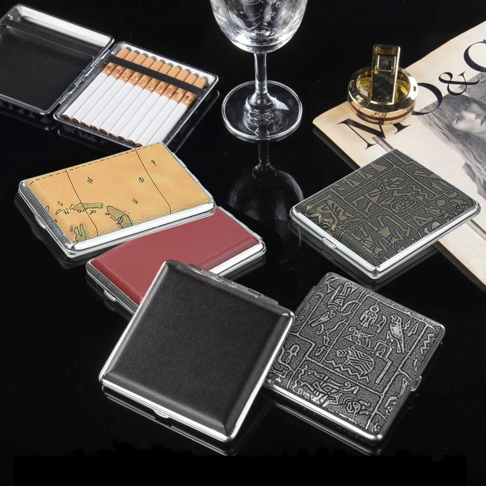

Cigarette Leather Metal Frame Black Case Pouch Container for Lighter Holds 12/14/16/18/20 Stick Box Storage Tobacco High Quality