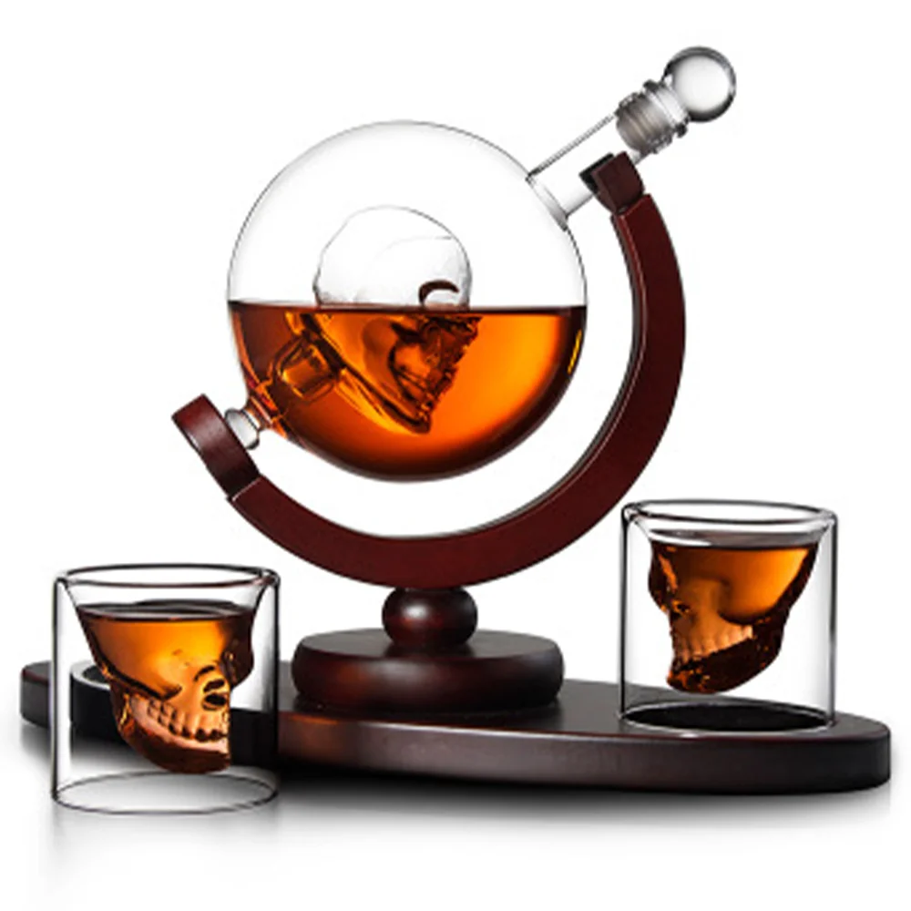 

Creative Wine Bottle Crystal Skull Wine Container Globe Bone Glass Vodka Glass Craft With Wooden Rack And Wine Cup Ready Stock