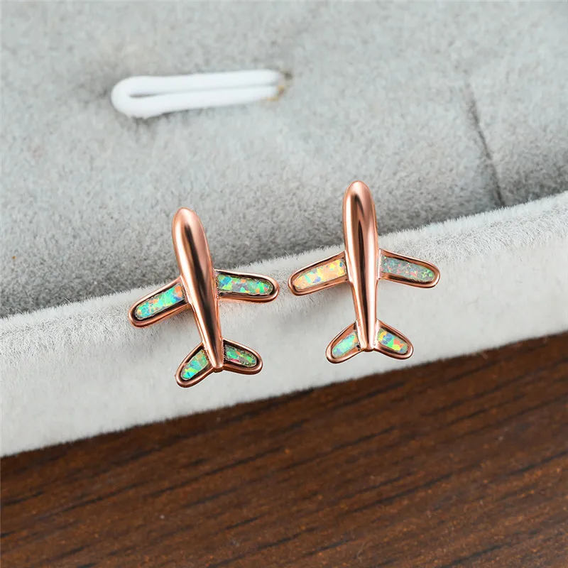 

Trendy Female White Blue Opal Earrings Rose Gold Silver Color Wedding Earring Cute Aircraft Small Stud Earrings For Women