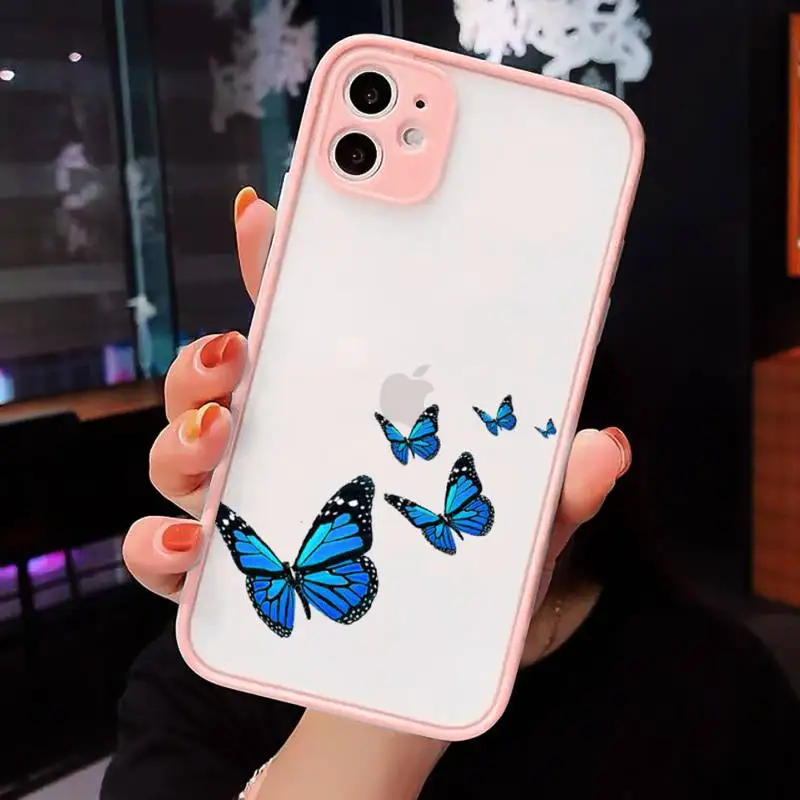 

Blue Butterfly Phone Cases Matte transparent For Pink iPhone 12 Mini 11 Pro XR XS Max 7 8 Plus X Back Cover