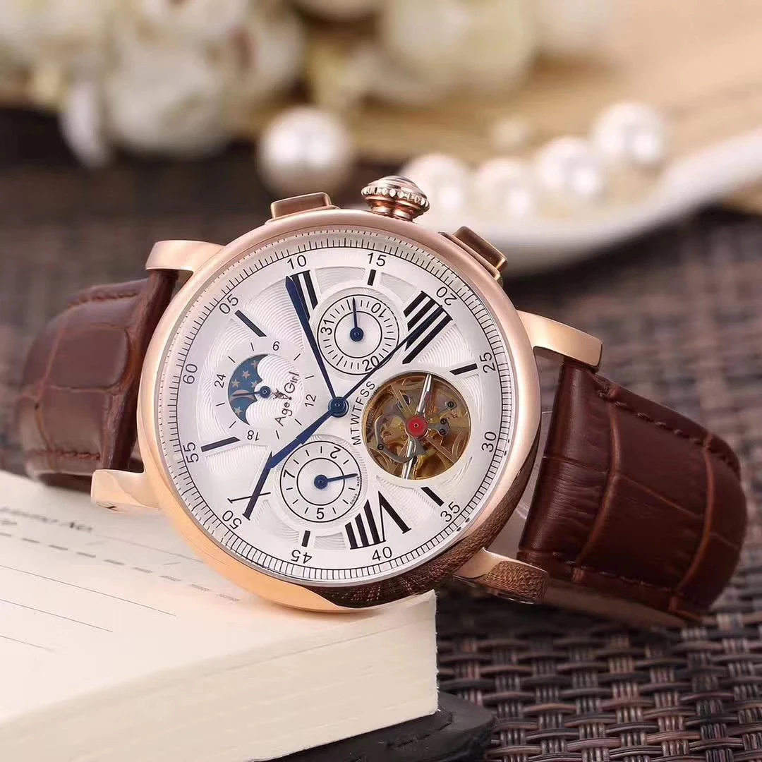 Diamonds White Brown Роскошные брендовые новые мужские автоматические механические часы, розовое золото, бриллианты, кожа, Tourbillon, MoonPhase, двойное время, скелет, сапфир, AAA - Цвет: Diamonds White Brown