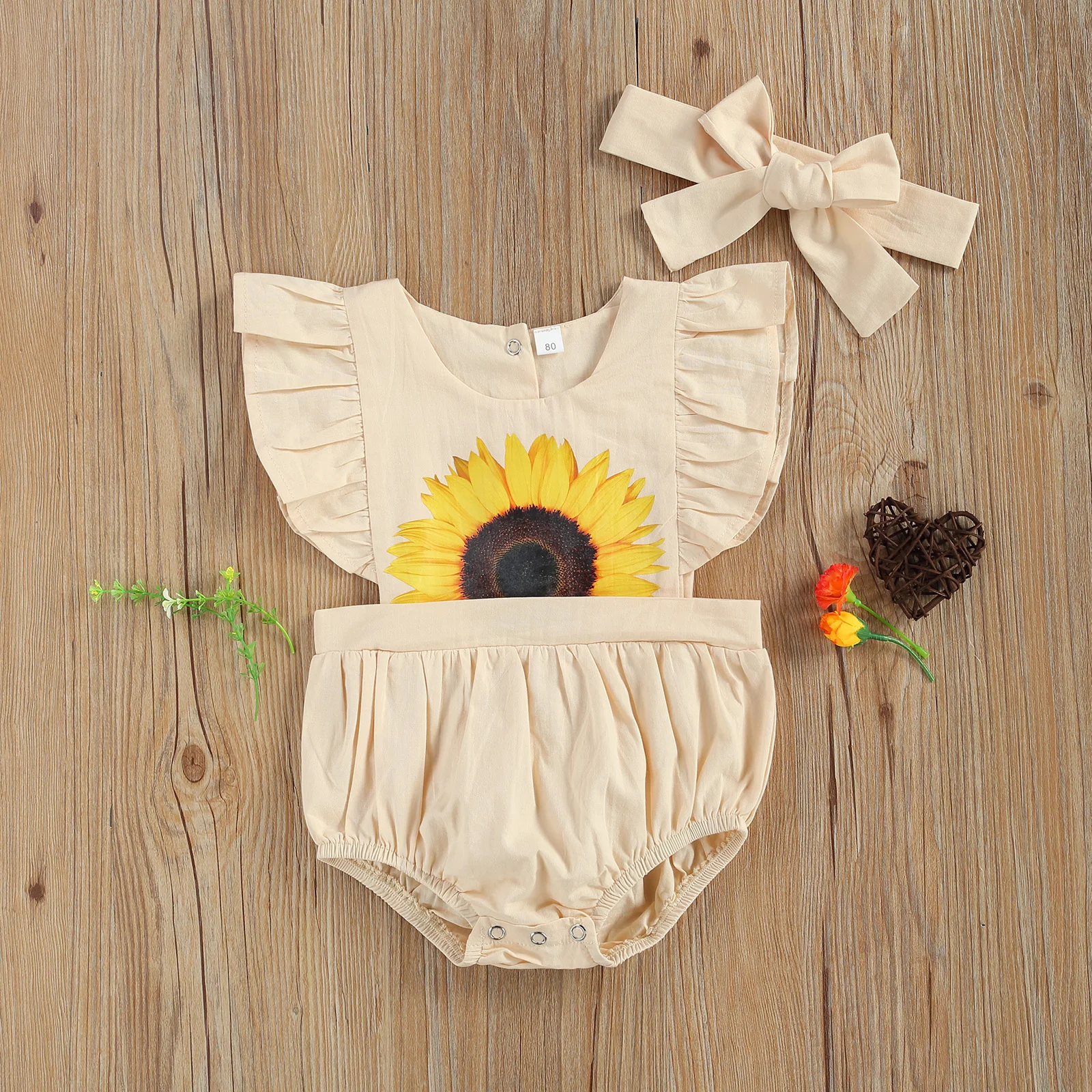 

2 Pcs Newborn Casual Outfits Baby Girl Sunflower Pattern Fly Sleeve Round Neck Bodysuit + Bowknot Headband