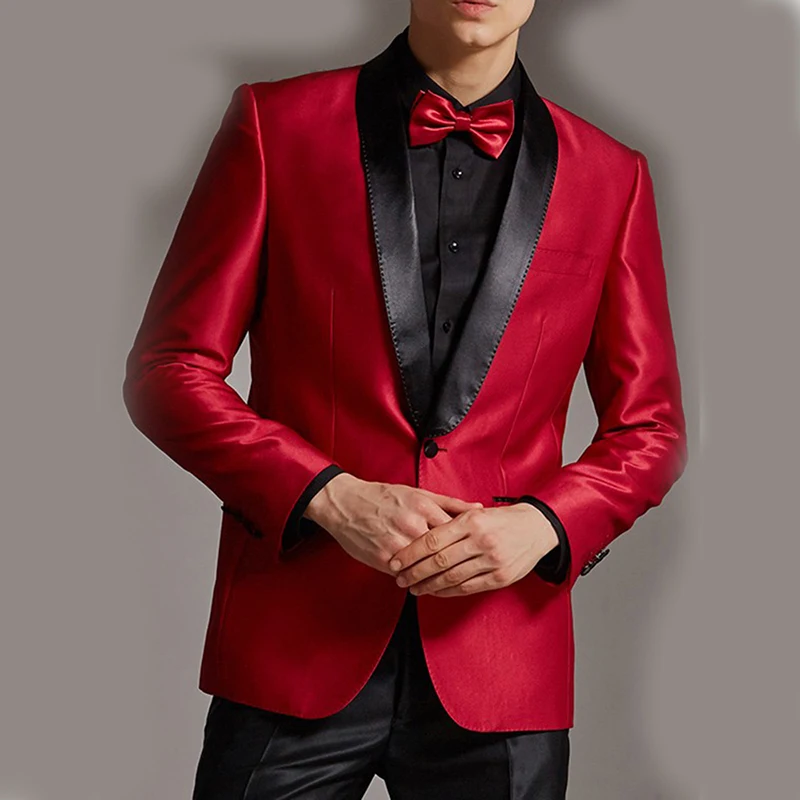 

Groomsmen Shiny Red Groom Tuxedos Custom Made Men Suits Shawl Black Lapel Best Man 2 pieces Suit ( Jacket+Pants+Tie )