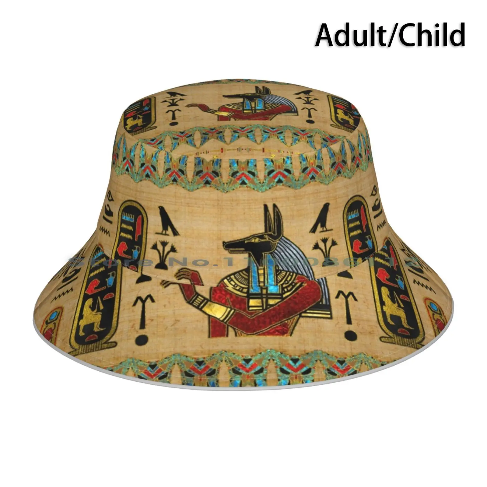 

Egyptian Anubis Ornament On Papyrus Bucket Hat Sun Cap Anubis Egyptian Pharaon Papirus Golden Ancient Hieroglyphic Papyrus