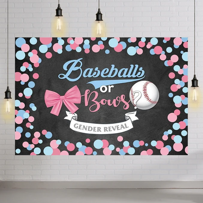 

Baseballs or Bows Gender Reveal Backdrop Boy or Girl Pink or Blue He or She Baby Shower Party Banner Decoration Background