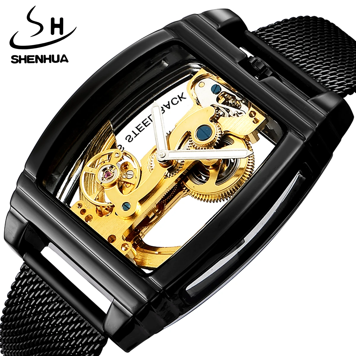 SHENHUA Black Golden Classic Luxury Men Luminous Automatic Mechanical Stainless Steel Bracelet Strap Hook Buckle Wrist Watches