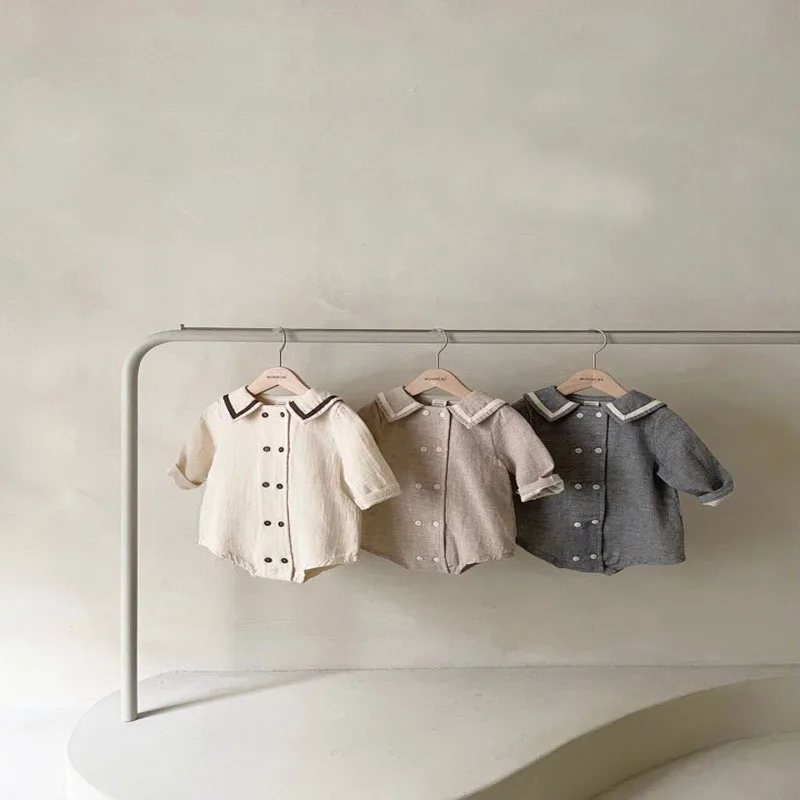 

2021 New Korean Style Spring Baby Girl Bodysuit Long Sleeves Navy Style Jumpsuit Fashion Outwear Newborn Clothes