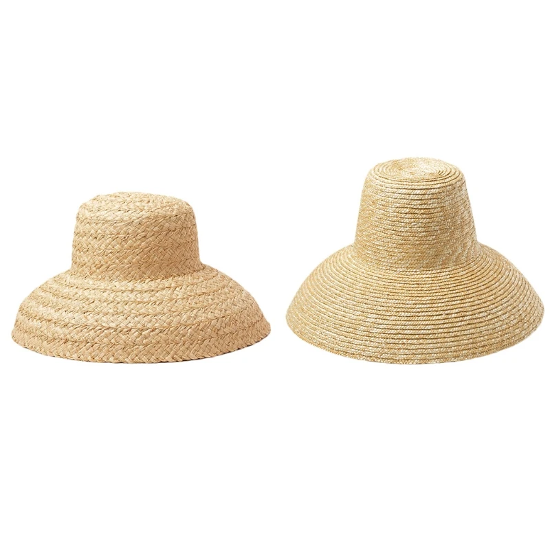 

European Vintage Droop Wide Brim Woven Straw Sun Hat Retro Flat Top UV Protection Sunscreen Travel Vacation Beach Cap