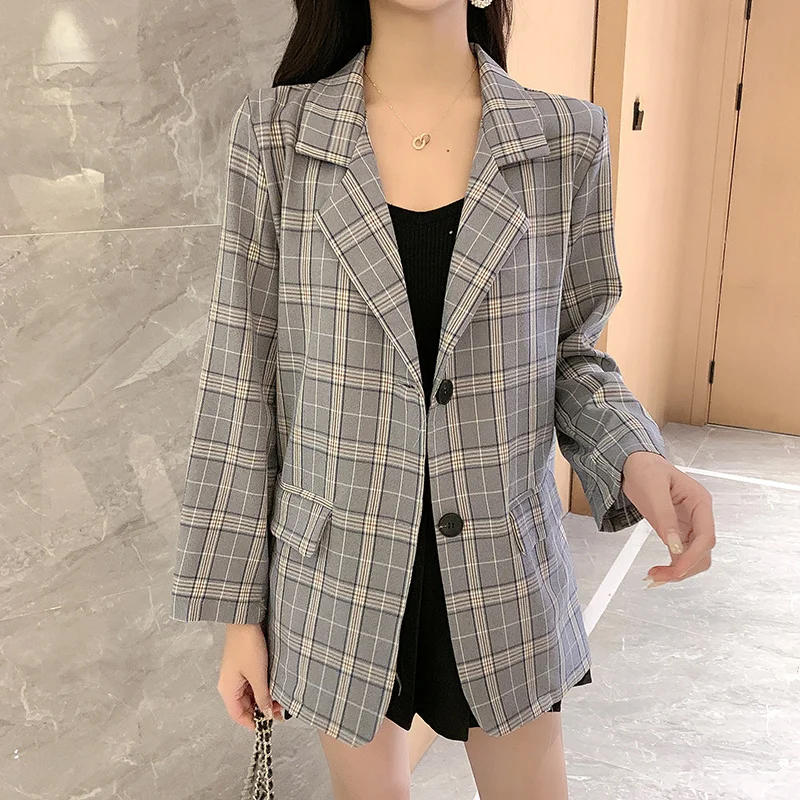 Женский клетчатый пиджак с карманами повседневный свободный офисный в Корейском