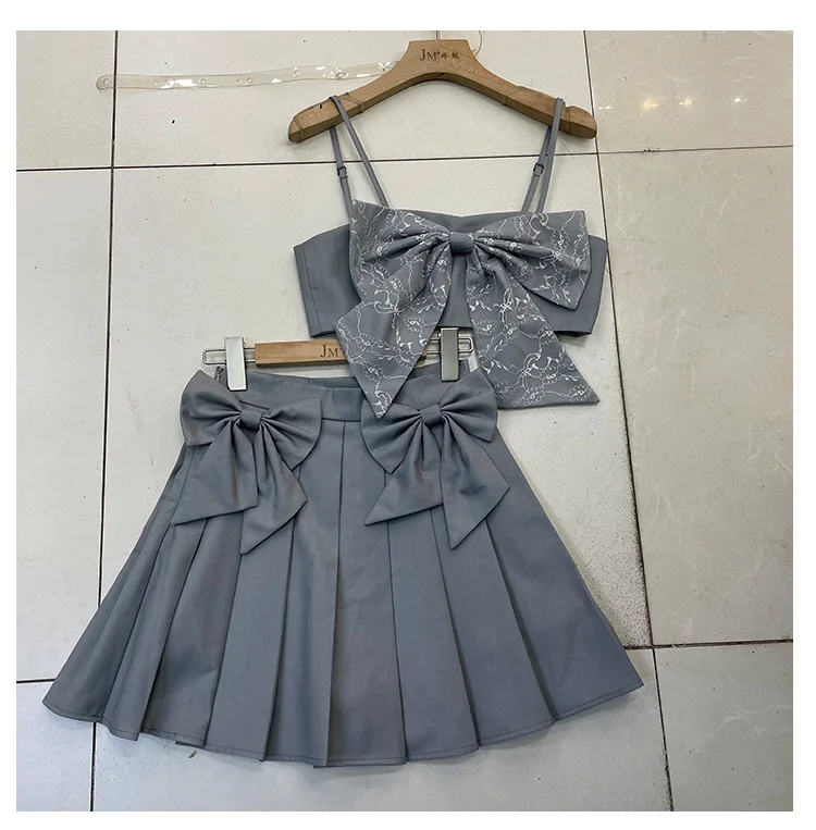 

Harajuku Style Japanese Summer New Slim Fit Suit Skirt for Women Wrapped Sling Bow Camisole+High Waist Pleated Skirt 2-Piece Set