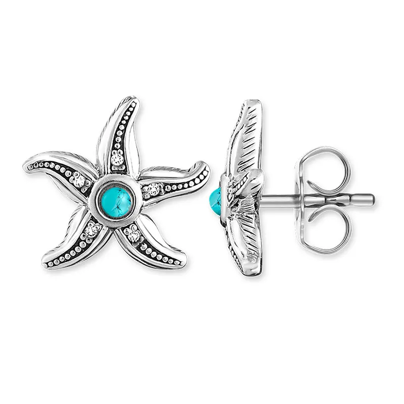 

Blue Stone Starfish Stud Earrings 925 Sterling Silver Animal Ear Stud Women Men Thomas Style Fashion Jewelry Accessories