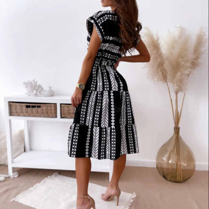 

2021 Summer Dress Printed Bow Holiday Indie Folk Women O-Neck Boho Dress Elegant Party Sundress Sexy Beach Wrap Dresses G2680