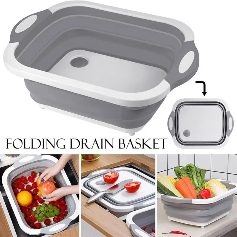 

Plastic Foldable Cutting Board Fruit Vegetable Washing Basin Drain Basket With Outlet Portable Camping Picnic Cleaning Supplies