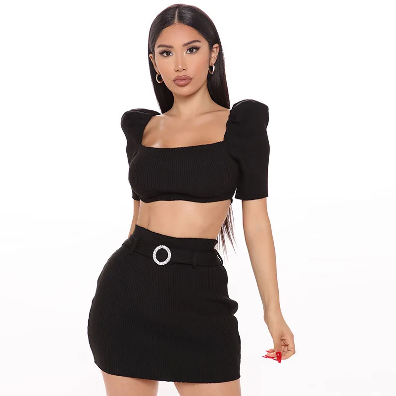 

Summer Women Two Piece Dress Sets Female Knitting Solid Dresses New Square Collar Puff Sleeve Sexy Crop Tops Sashes Skirt 2021