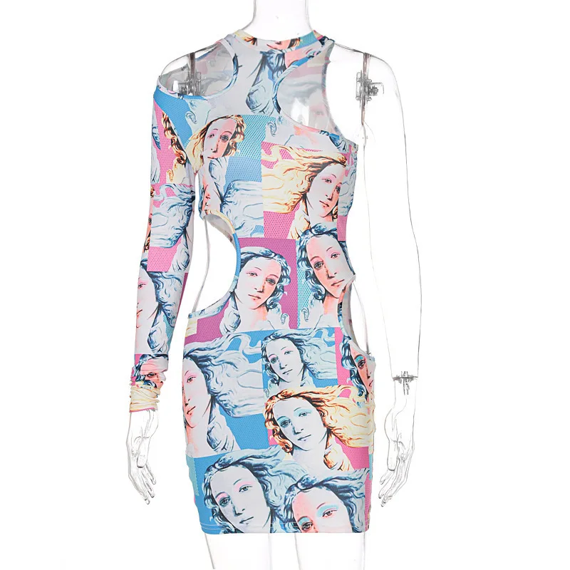 

Print Corset Dress Women Bodycon Mini Dresses Cyber y2k Cut Out Sexy One Shoulder Night Club Indie Summer 2021 Baddie Clothing