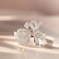 new arrival sparkling luxury jewelry white gold fill cushion shape aaaaa cubic zircon silver rings women wedding bow ring gift