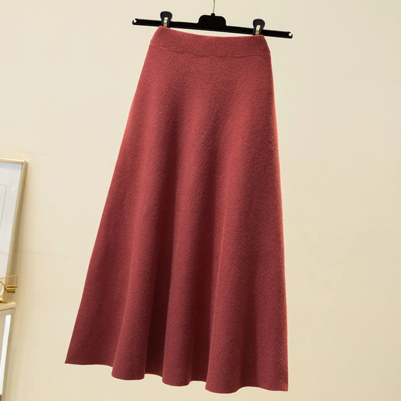 Solid Black Harajuku Knitting Maxi Long Skirt High Waist A Line Midi Blue Faldas Largas Mujer Retro Ladies Korean Style Clothing images - 6
